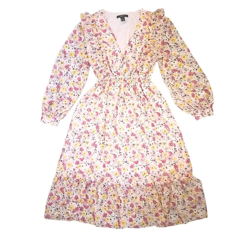 Forever 21 Floral Midi Dress – Long Sleeve V-Neck Ruffle Hem, Size S